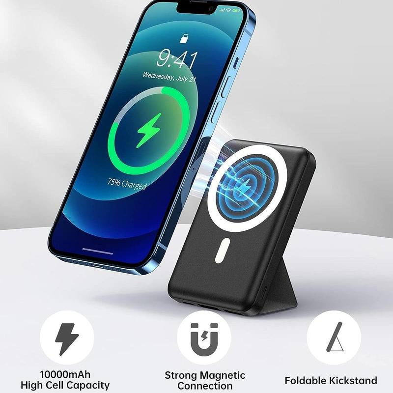 Magnetic Battery ，Magnetic Power Bank , 10000 Mah Power Bank with Folding Stand with USB-C Cable LED Display, Magnetic Power Bank 22.5W PD Fast Charging for Iphone D013