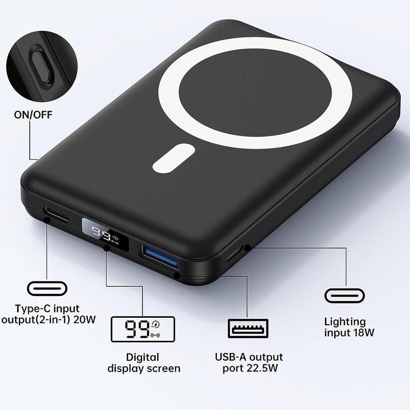Magnetic Battery ，Magnetic Power Bank , 10000 Mah Power Bank with Folding Stand with USB-C Cable LED Display, Magnetic Power Bank 22.5W PD Fast Charging for Iphone D013